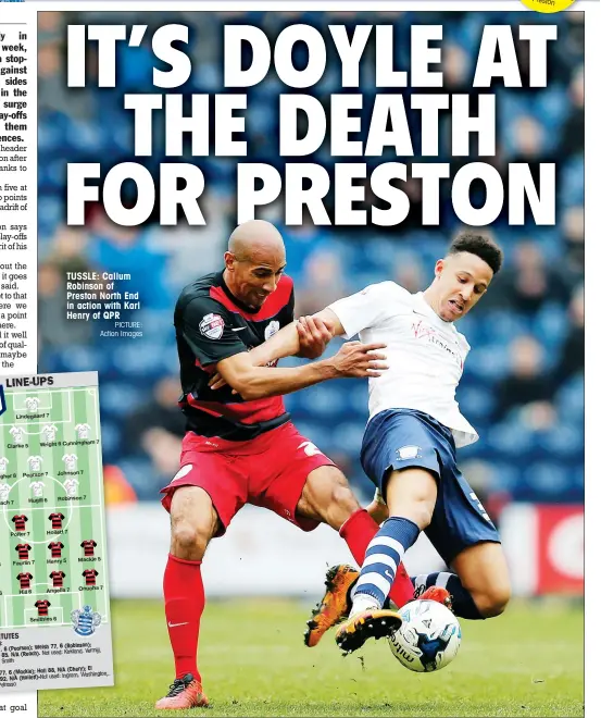  ?? PICTURE: Action Images ?? TUSSLE: Callum Robinson of Preston North End in action with Karl Henry of QPR