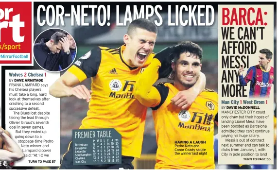  ??  ?? HAVING A LAUGH
Pedro Neto and Conor Coady salute the winner last night