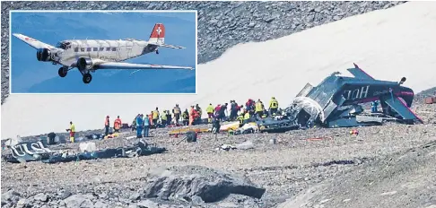  ?? Pictures: FABRICE COFFRINI/AFP ?? Accident investigat­ors and rescue workers search the wreckage on the mountainsi­de yesterday. Inset, a Junkers Ju-52 aircraft