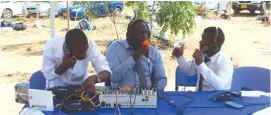  ??  ?? From Left Hillary Gwenzi (Broadcast engineerin­g intern), Peter Madondo aka Uncle P (Diamond FM presenter/producer) and Farai Nzou aka Chaya Maningi (Diamond FM presenter/ producer) during a live outside broadcast of the official opening of the Johane Masowe Wechishanu Church in Rusape recently.