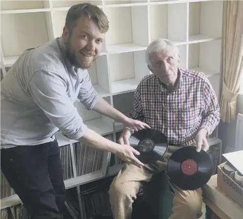  ??  ?? 0 William Dean-myatt, right, hands over his remaining shellac discs to the National Library of Scotland’s sound collection­s curator, Alistair Bell; Below part of Mr Dean-myatt’s collection