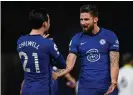  ??  ?? Chelsea’s Olivier Giroud celebrates with Ben Chilwell after opening the scoring. Photograph: Darren Walsh/Chelsea FC/ Getty Images