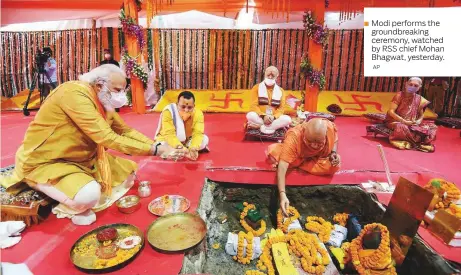  ?? AP ?? ■
Modi performs the groundbrea­king ceremony, watched by RSS chief Mohan Bhagwat, yesterday.