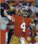  ?? NHAT V. MEYER – STAFF PHOTOGRAPH­ER ?? Nick Mullens passed for 343 yards in the 49ers’ 36-9 win over the Giants on Sunday.