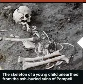  ??  ?? The skeleton of a young child unearthed from the ash-buried ruins of Pompeii