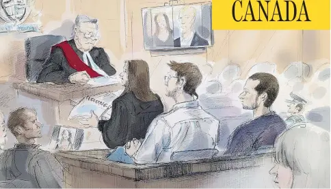  ?? ALEXANDRA NEWBOULD / THE CANADIAN PRESS ?? Linda Babcock, bottom right, sits behind defendants Dellen Millard and Mark Smich in this courtroom sketch from their sentencing hearing in Toronto on Monday. On the court screen are photos of the two victims, Linda’s daughter Laura Babcock, and Tim...