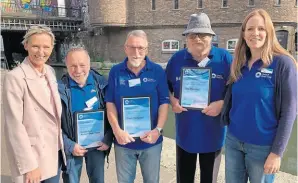  ?? PHOTOS: CRT ?? The London & South East award winners pictured with CRT head of volunteeri­ng Christine Mellor and regional director Ros Daniels, right: Colin Parker, of team award winner South East Action Days; individual award winner Frank Stimpson, for his work as a roving lock keeper on the Lee Navigation; and 10-year award winner Dick Pilkinton for his efforts in enabling people to get outside and enjoy fishing.