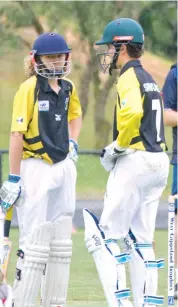  ??  ?? Jindivick’s Sam Christie (left) and Dane Swinburne chat in the middle during the under 16s game.