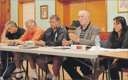  ?? COLIN CHISHOLM ?? Mike Ennis, councillor for District 5, second from right, joins the committee at the front of the Hants Border Hall to explain what he knows about the situation.