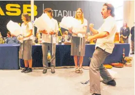  ?? ?? Te Awamutu College 2023 head student Kirk van Marrewijk responds to the haka on behalf of fellow head students (from left) Sarah Druce, Billy Ouston and Stella Quigley.