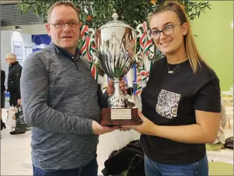  ??  ?? Orla Stafford with her dad, Joe, and the award