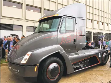  ?? PHOTO COURTESY OF CUMMINS ?? The Aeos Electric Commercial Vehicle, a concept semi-truck built by Cummins, was unveiled Tuesday in Columbus, Indiana. The hauler is designed for short routes with a range of 100miles on a single charge. Additional batteries extend the range to...