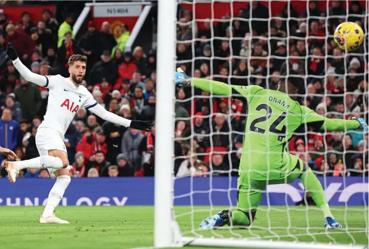  ?? EPA ?? No doubt: Bentancur lashes Tottenham level immediatel­y after the break, beating United keeper Onana with a fine strike which flew high into the net