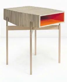  ?? ALAN TANSEY/ KGBL VIA THE ASSOCIATED PRESS ?? Straw marquetry, an old French technique, was used to craft KGBL’s Holyfield side table. Perched on a bronze base the niche features a saucy tomato red hue.