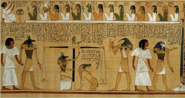  ??  ?? TESTIMONIO GRÁFICO. En el Papiro de Hunefer (1275 a.C.) se representa el Juicio de Osiris, en el que Anubis, con cabeza de chacal, pesa el corazón del escriba Hunefer en la balanza de Maat mientras Toth, con cabeza de ibis, anota el resultado.