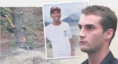  ?? PHOTOS: ODT FILES ?? The tree Scott Millar drove into while drunk on August 10 last year; Ravineel Sharma (left) died in the crash and Scott Millar (right, in court yesterday) has been sent to prison for three years and 10 months.
