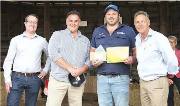  ?? ?? Chase Jones (third left) is presented with the highest weight gain pair award by (from left) Commonweal­th Bank’s General Manager Victoria Regional and Agribusine­ss Banking Dominic Westendorf, Damien Adcock of Barenbrug and Lardner Park chairman Duncan McNeil.