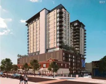  ?? Courtesy of BKV Group ?? Weston Urban will convert the old Continenta­l Hotel into this 16-story apartments tower seen in this rendering.