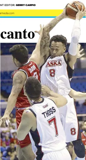  ?? PBA IMAGE ?? Alaska Aces’ Calvin Abueva keeps the ball away from Eric Camson of KIA Picanto as he goes for an undergoal shot in their Philippine Cup game last night at the Smart Araneta Coliseum.