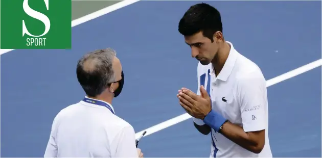  ?? JASON SZENES EPA-EFE ?? NOVAK Djokovic talks to ITF head of officiatin­g Soeren Friemel before being disqualifi­ed from the US Open.
|