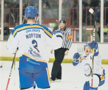  ?? PICTURES: TOM SCOTT ?? Goalscorer Tom Norton and Will Weldon celebrate putting Phantoms 6-2 up against Bracknell.