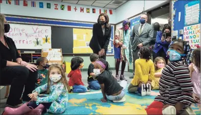  ?? Drew Angerer / Getty Images ?? U.S. Vice President Kamala Harris, Rep. Rosa DeLauro, D-Conn., and Secretary of Education Miguel Cardona visit a classroom at West Haven Child Developmen­t Center on Friday.