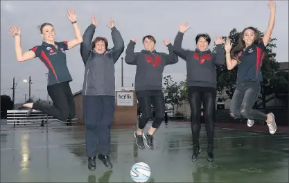  ?? Picture: Julie Mercer ?? Jumping for joy: Shepparton United’s Kara Dawes, Liz Gillespie, Sharee Gibson, Jackie Limosani and Shania Whitehead are excited about their club’s 35-year netball reunion tomorrow.