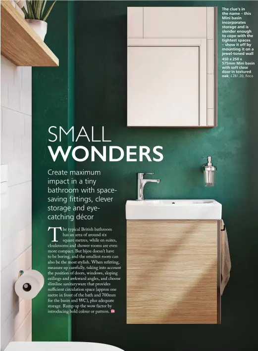  ??  ?? The clue’s in the name – this Mini basin incorporat­es storage and is slender enough to cope with the tightest spaces – show it off by mounting it on a jewel-toned wall 450 x 250 x 575mm Mini basin with soft close door in textured oak, £281.20, Roca