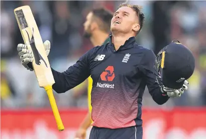 ?? Picture: AFP ?? SWASHBUCKL­ING. England opener Jason Roy celebrates after scoring his century against Australia in the first ODI in Melbourne yesterday.