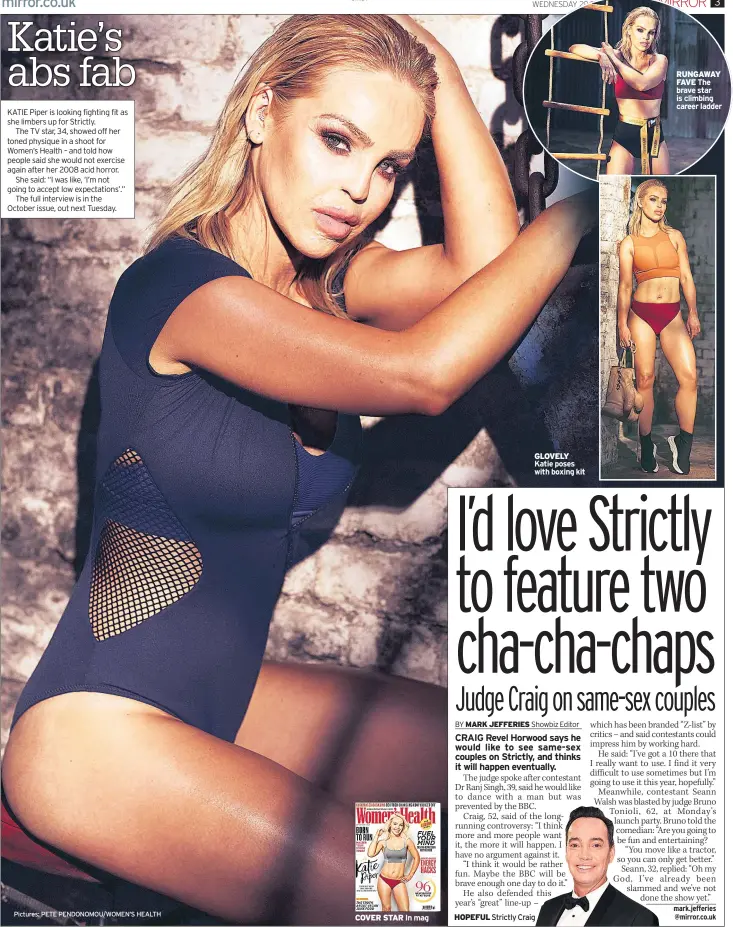  ??  ?? COVER STAR In mag GLOVELY Katie poses with boxing kit HOPEFUL Strictly CraigRUNGA­WAYFAVE The brave star is climbing career ladder