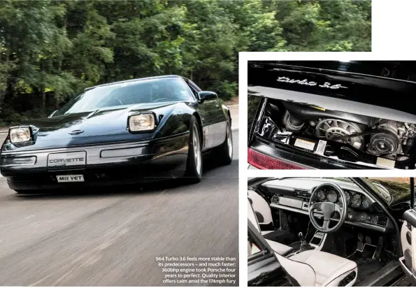  ??  ?? 964 Turbo 3.6 feels more stable than its predecesso­rs – and much faster; 360bhp engine took Porsche four years to perfect. Quality interior offers calm amid the 174mph fury