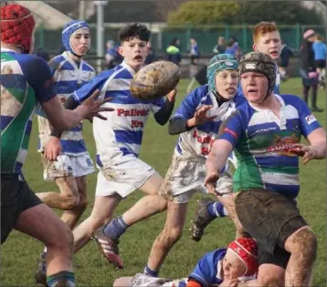  ??  ?? Shay Guilfoyle off-loads to George Hadden in the Gorey Under-14 clash against Athy.