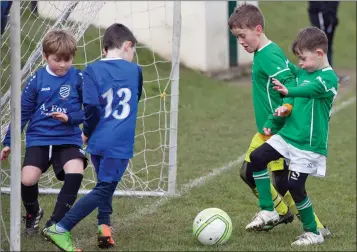  ??  ?? Goalmouth action from Wicklow Rovers v Ashford Rovers at the blitz last Friday.