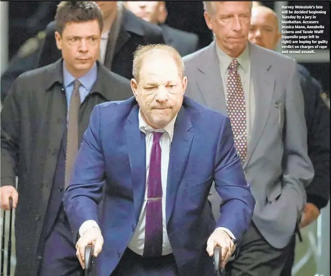  ??  ?? Harvey Weinstein’s fate will be decided beginning Tuesday by a jury in Manhattan. Accusers Jessica Mann, Annabella Sciorra and Tarale Wulff (opposite page left to right) are hoping for guilty verdict on charges of rape and sexual assault.