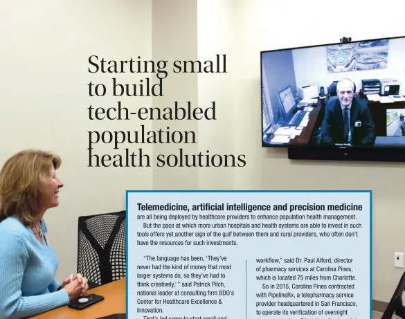  ??  ?? Stephanie Beever, executive vice president and system chief strategy officer for Carle Health System in Illinois, holds a video conference with Oliver Smith, president and CEO of Texas-based Horizon Health. In 2014, Carle began collaborat­ing with...