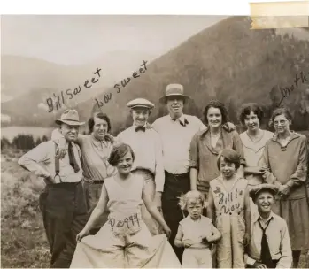  ??  ?? PEGGY’S FAMILY spent many happy days at Bill Sweet’s ranch outside of Butte. Peggy is the girl showing off her outfit. Her friend and partner in fun Billie Lou is second from right in front.