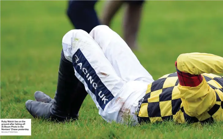  ?? REX/SHUTTERSTO­CK ?? Ruby Walsh lies on the ground after falling off Al Boum Photo in the Novices’ Chase yesterday