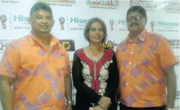  ?? Photo: Shirika Shalini ?? From left; Courts director of marketing Anil Senewiratn­e, FBC manager radio Shammi Lochan Lal and Courts chief operating officer Hamendra Prasad during the launch of the FIFA World Cup Promotion on April 6, 2018 in Suva.