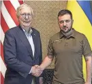  ?? UKRAINIAN PRESIDENTI­AL PRESS OFFICE VIA AP ?? Senate Minority Leader Mitch McConnell said he told Ukrainian President Volodymyr Zelenskyy during Saturday’s visit to Kyiv that there is vast bipartisan support in Congress for helping Ukraine.