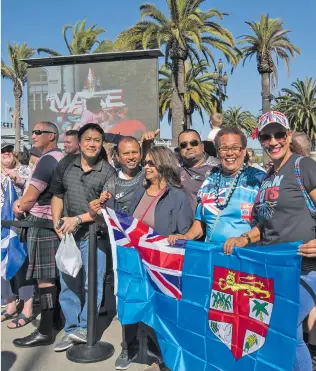  ??  ?? Fijian fans gather for the opening parade of the Rugby World Cup Sevens in San Francisco on July 20, 2018. Photo: Leone Cabenatabu­aFiji Games Today: 5am Fiji Airways Fijian women v Spain. If they win they play the winner of Australia vs Papua New Guinea at 12.52pm.3.53pm Fiji Airways men vs the winner of Japan vs Uruguay.