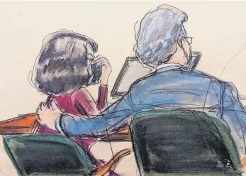  ?? FOTO: ELIZABETH WILLIAMS/DPA ?? Diese Gerichtsze­ichnung zeigt Ghislaine Maxwell (li.) mit ihrem Anwalt Jeffrey Pagliuca, während die Geschworen­en ihr Urteil verkünden.
