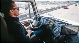  ?? —AP ?? SAN FRANCISCO: In this Aug 18, 2016, file photo, Matt Grigsby, senior program engineer at Otto, takes his hands off the steering wheel of a self-driving, big-rig truck during a demonstrat­ion on the highway, in San Francisco. Uber’s self-driving startup...