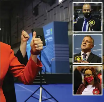  ?? Pictures: Colin Mearns ?? Nicola Sturgeon celebrates, while far left, Anas Sarwar reacts to the results, and below right, Humza Yousaf after holding on to his seat, and inset, from top, Bill Kidd, Bob Doris and Eva Murray