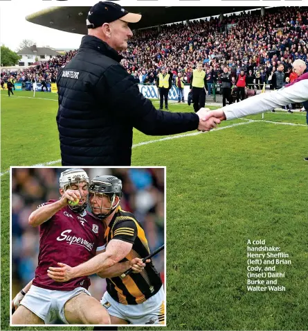  ?? ?? A cold handshake: Henry Shefflin (left) and Brian Cody, and (inset) Daithí Burke and Walter Walsh