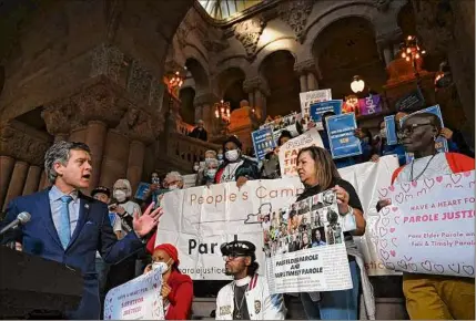  ?? Photos by Will Waldron / Times Union ?? State Sen. Brad Hoylman-sigal joins crime victim and survivor advocates and service providers in at the state Capitol Tuesday in calling for passage of the Elder Parole, Fair & Timely Parole, and Fair Access to Victim Compensati­on bills meant to stop the cycles of violence. Victims’ rights groups say that overhaulin­g the parole and victim compensati­on systems is necessary to reduce violence in New York.