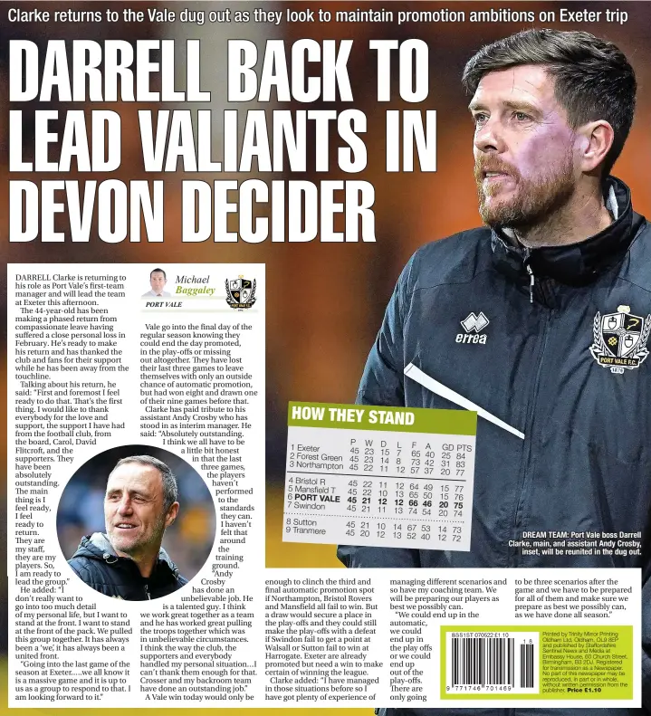  ?? ?? DREAM TEAM: Port Vale boss Darrell Clarke, main, and assistant Andy Crosby, inset, will be reunited in the dug out.