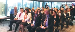  ??  ?? Minister of Mining D.Sumiyabaza­r, Oyu Tolgoi CEO Armando Torres, and Australian Ambassador­to Mongolia John Langtry participat­ing in the investment meeting