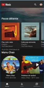  ??  ?? La barre inférieure comporte trois onglets qui permettent d’accéder à presque toutes les fonctionna­lités de Youtube Music. La recherche est disponible en haut de l’écran.