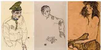  ?? ?? TRES OBRAS de arte del expresioni­sta austriaco Egon Schiele, de izquierda a derecha, acuarela y lápiz sobre papel, ‘Prisionero de guerra ruso’; dibujo a lápiz ‘Retrato de un hombre’ y una acuarela y lápiz ‘Muchacha de pelo negro’