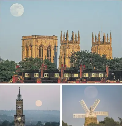  ?? PICTURES: TONY JOHNSON/GUZELIAN/F STOP PRESS. ?? LOOMING MOON: The last supermoon of the year, also known as a flower moon, rises above York Minster on Wednesday, top, sets behind Bradford Town Hall’s clock tower yesterday, left, and hangs above Heage Windmill, near Belper, in Derbyshire.